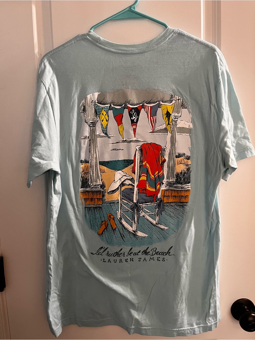 Lauren James Light Blue Short Sleeve Pocket Tee “I’d rather be at the beach”